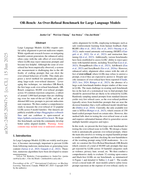 OR-Bench: An Over-Refusal Benchmark for Large Language Models thumbnail